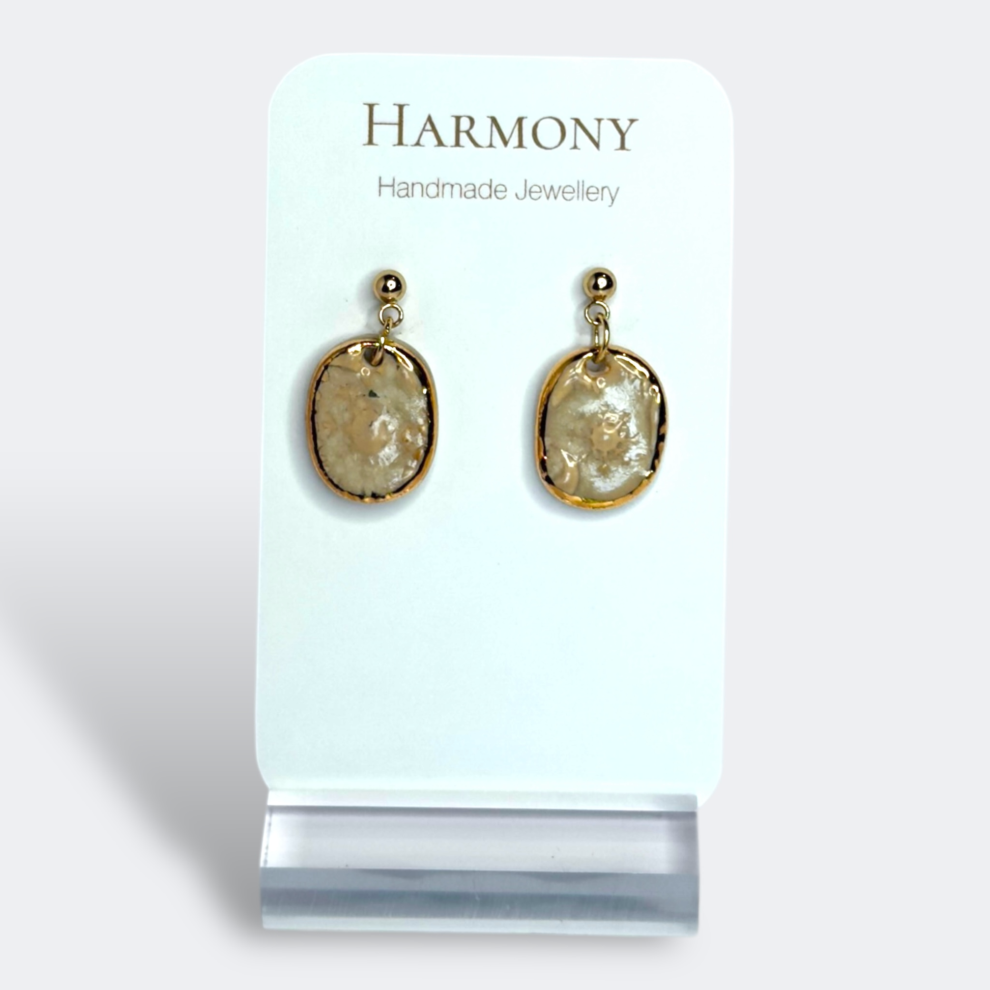 Nude Dusk ceramic earrings with gold rim, handmade by Harmony Pottery Melbourne