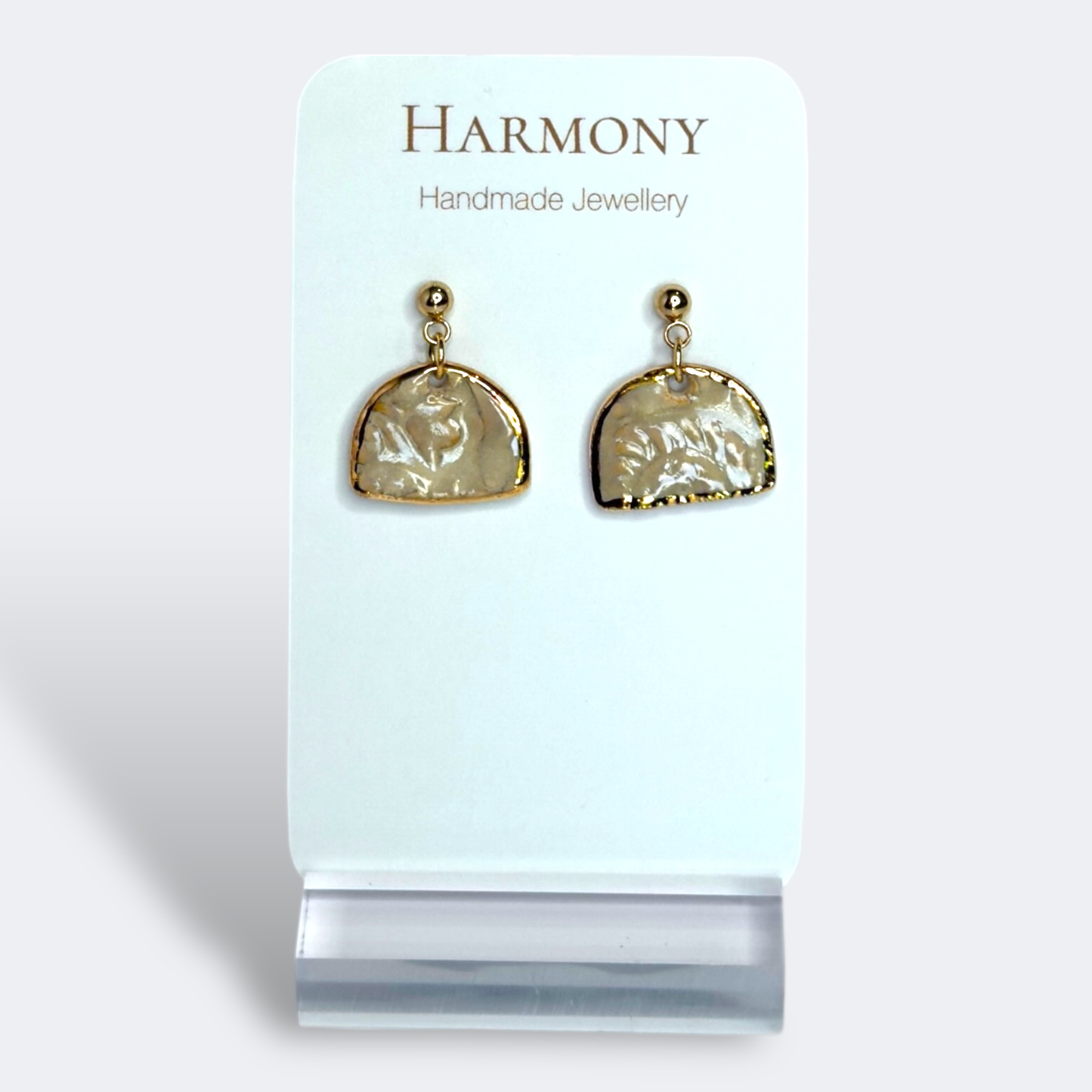 Nude Dusk ceramic earrings with gold rim, handmade by Harmony Pottery Melbourne