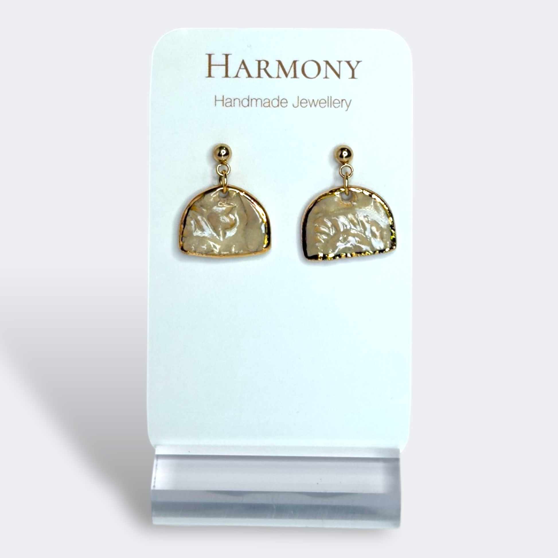 Nude Dusk ceramic earrings with gold rim, handmade by Harmony Pottery Melbourne