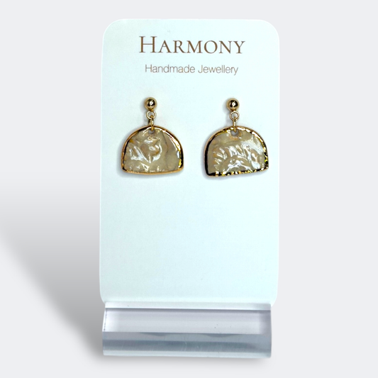 Nude Dusk ceramic earrings with gold rim, handmade by Harmony Pottery Melbourne