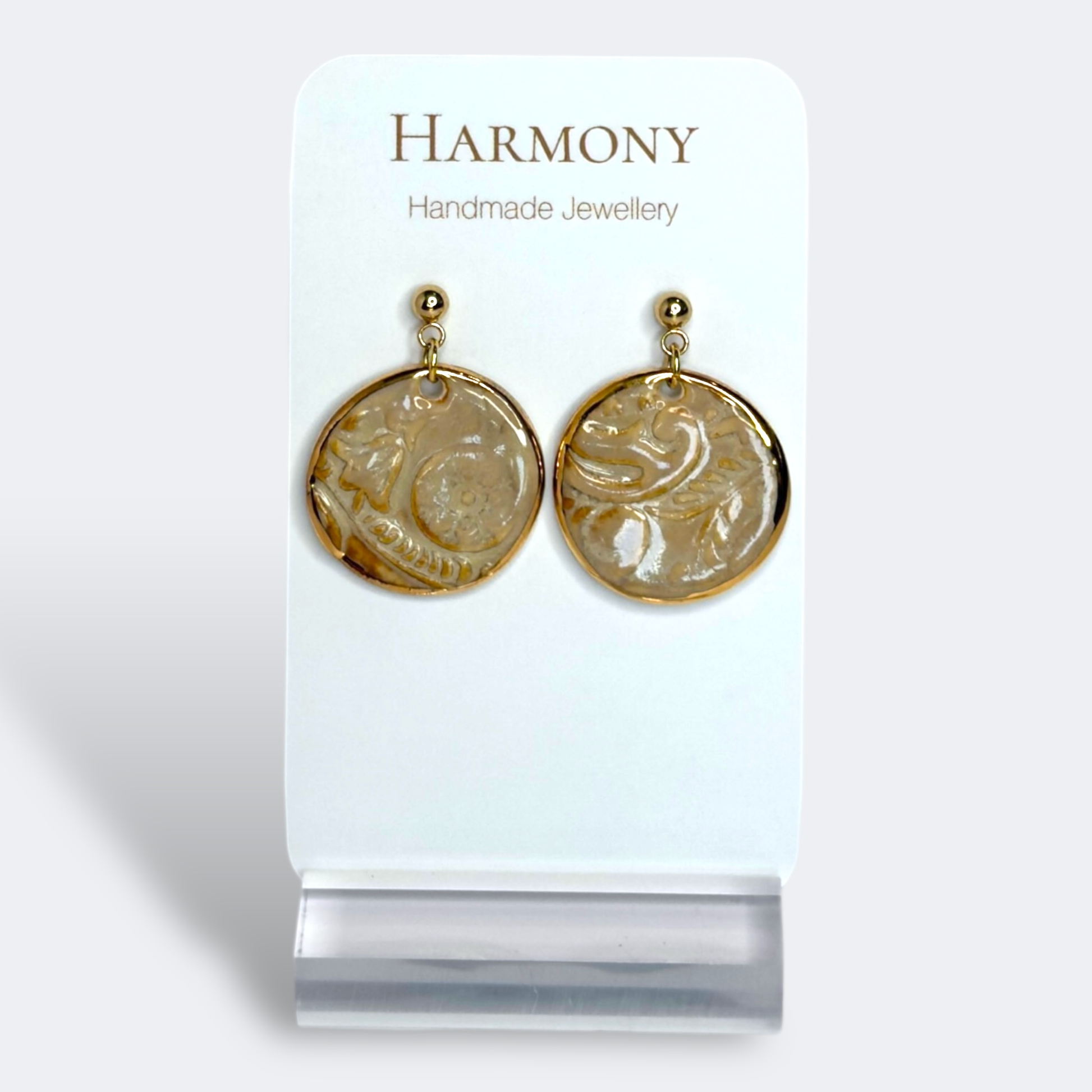 Nude Dusk ceramic earrings with gold rim, handmade by Harmony Pottery Melbourne