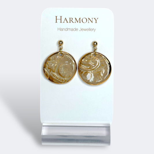 Nude Dusk ceramic earrings with gold rim, handmade by Harmony Pottery Melbourne