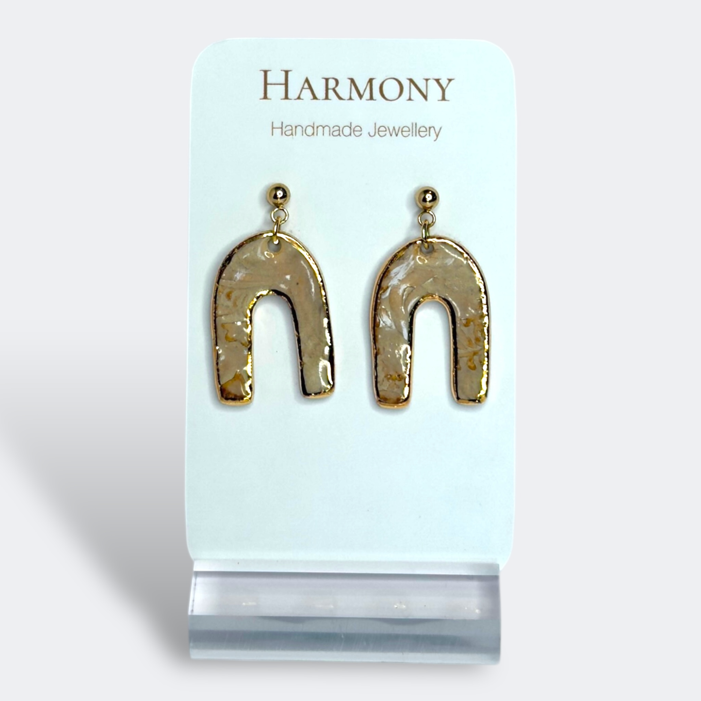 Nude Dusk ceramic earrings with gold rim, handmade by Harmony Pottery Melbourne