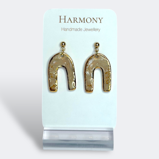 Nude Dusk ceramic earrings with gold rim, handmade by Harmony Pottery Melbourne