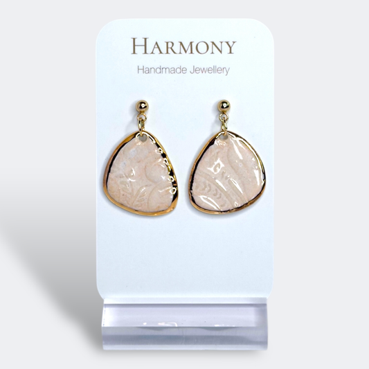 Blush Pink ceramic earrings with gold rim, handmade by Harmony Pottery Melbourne