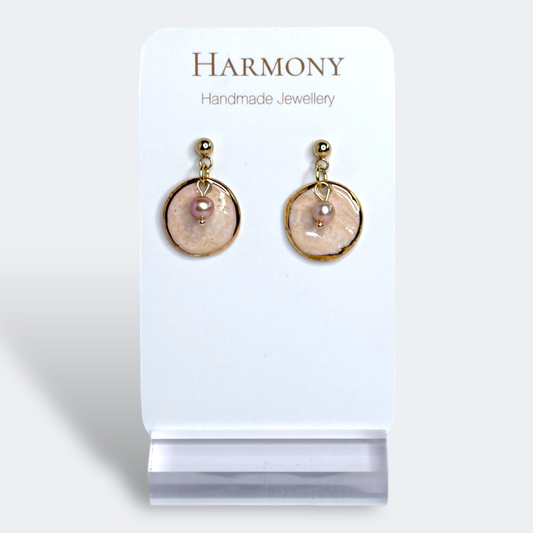 Blush Pink ceramic earrings with gold rim, handmade by Harmony Pottery Melbourne