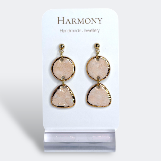 Blush Pink ceramic earrings with gold rim, handmade by Harmony Pottery Melbourne