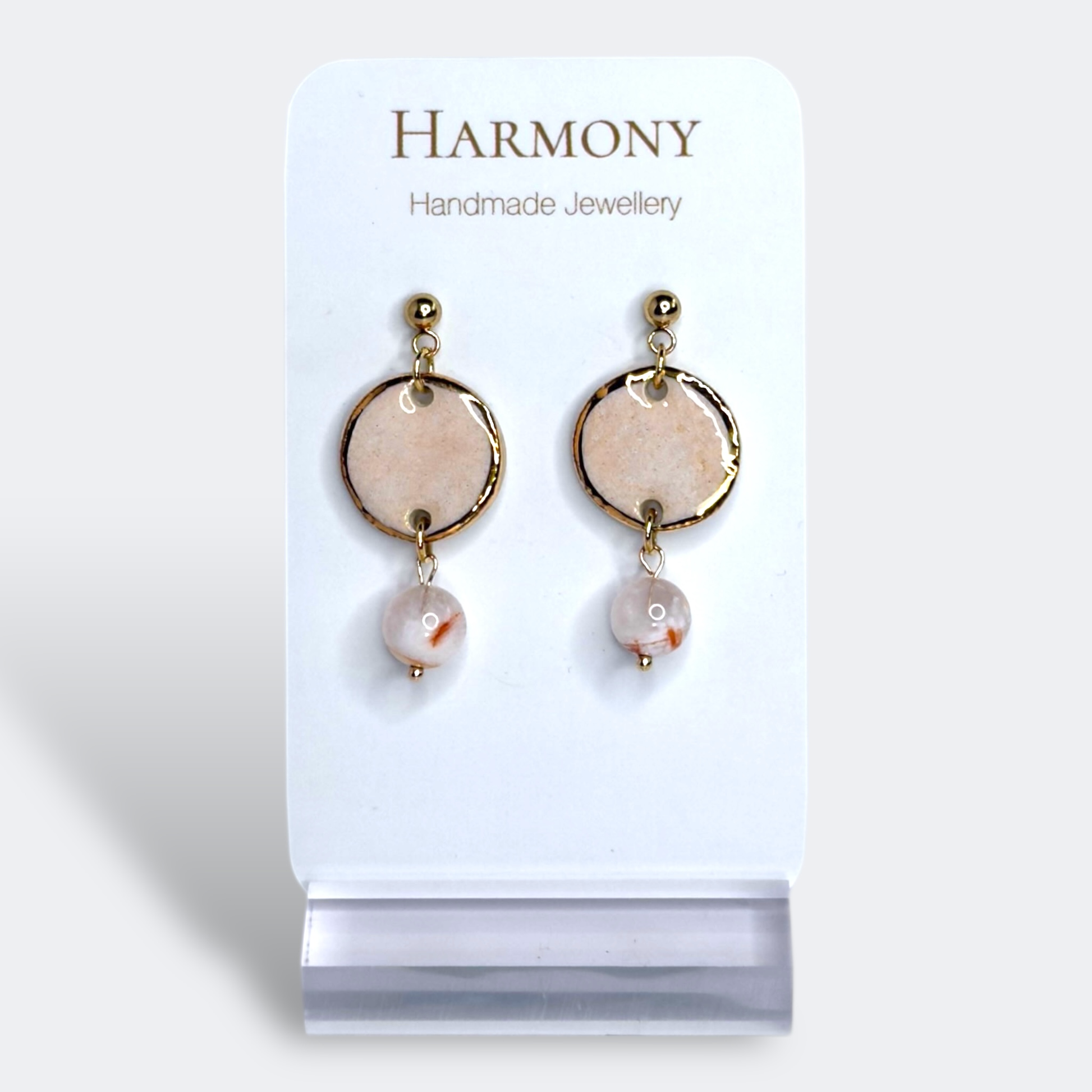Blush Pink ceramic earrings with gold rim, handmade by Harmony Pottery Melbourne