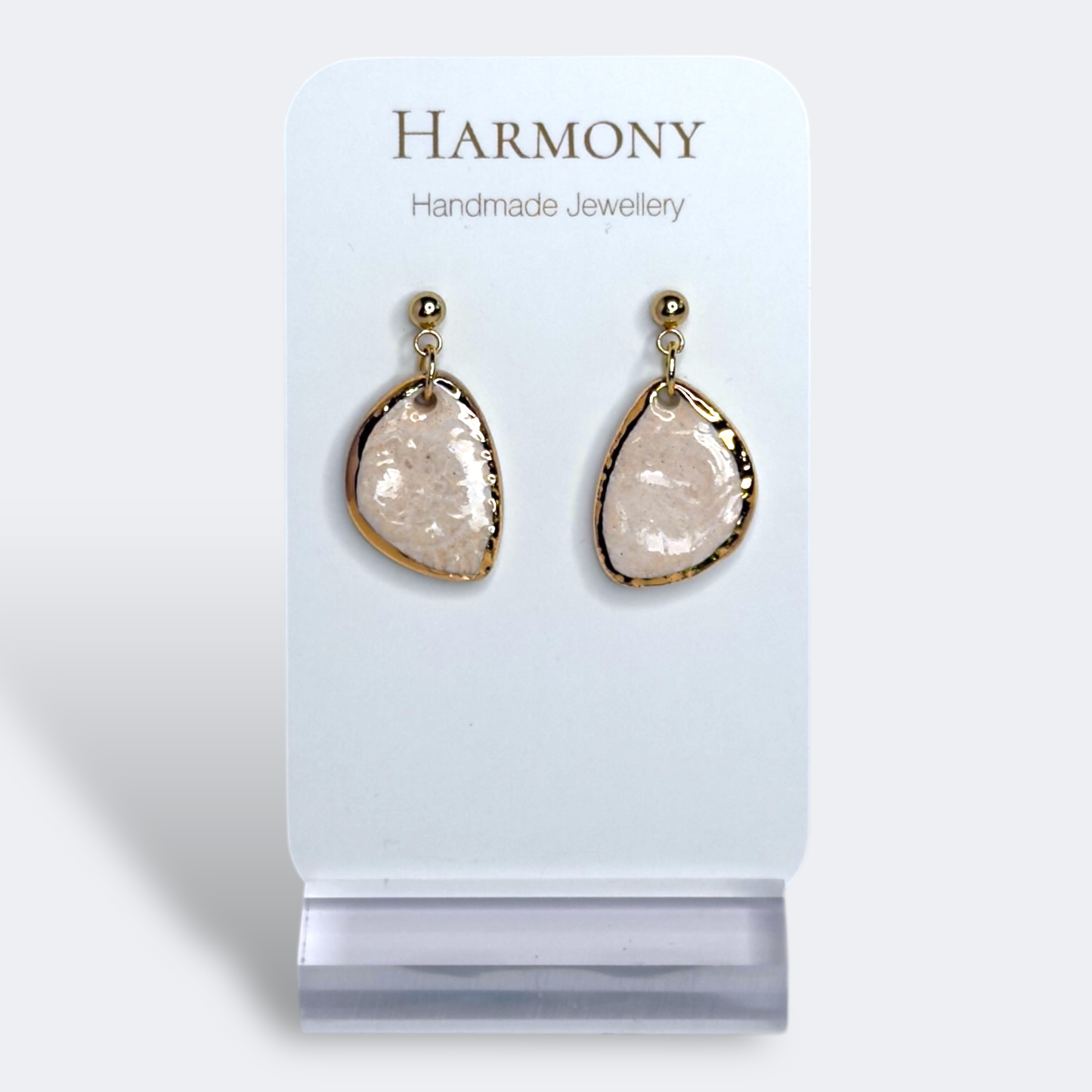 Blush Pink ceramic earrings with gold rim, handmade by Harmony Pottery Melbourne