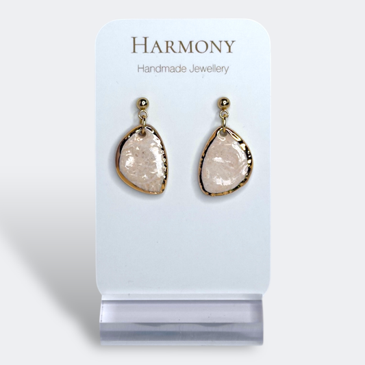 Blush Pink ceramic earrings with gold rim, handmade by Harmony Pottery Melbourne