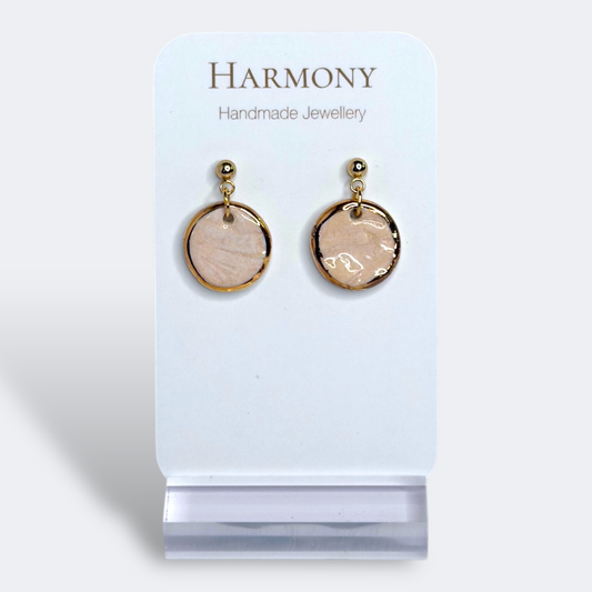 Blush Pink ceramic earrings with gold rim, handmade by Harmony Pottery Melbourne
