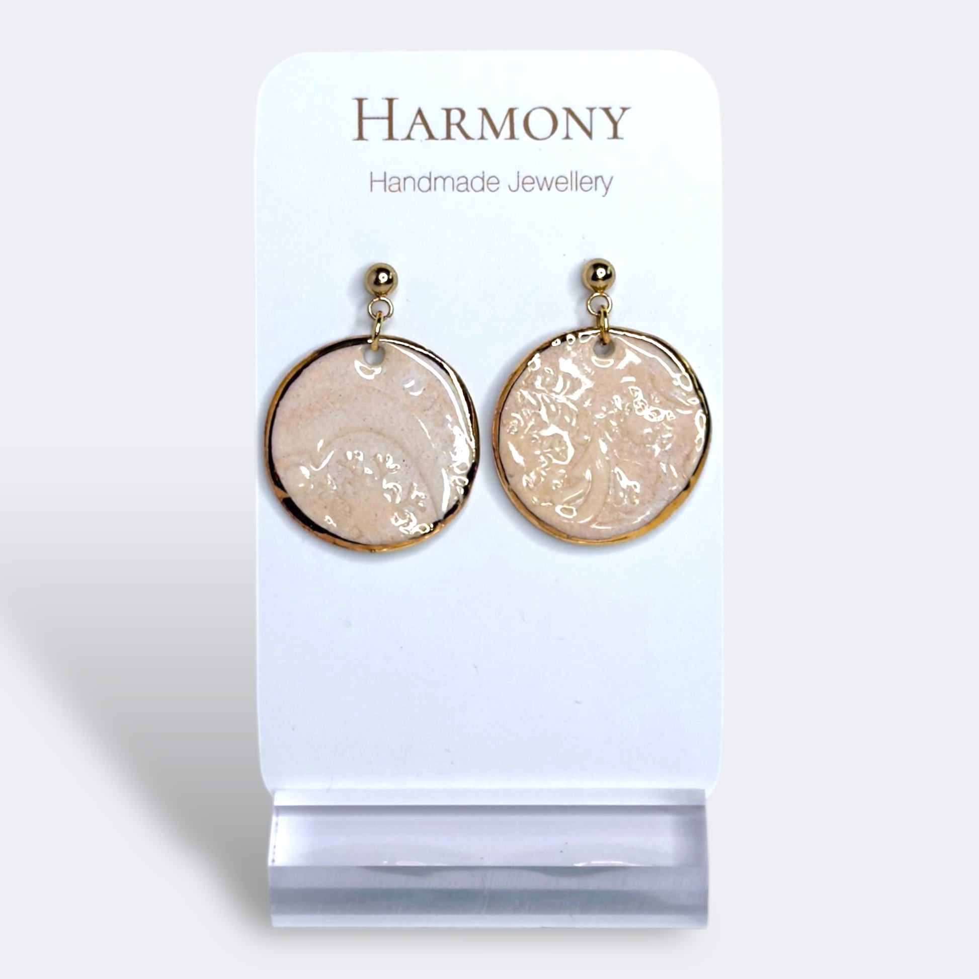 Blush Pink ceramic earrings with gold rim, handmade by Harmony Pottery Melbourne