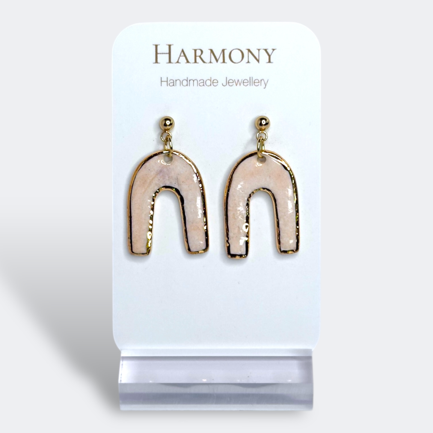 Blush Pink ceramic earrings with gold rim, handmade by Harmony Pottery Melbourne