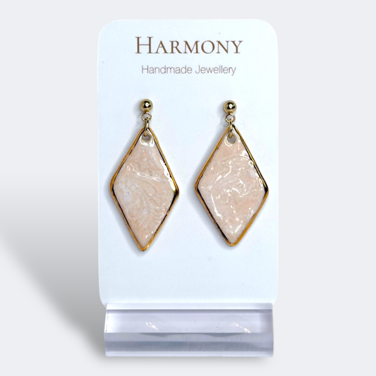 Blush Pink ceramic earrings with gold rim, handmade by Harmony Pottery Melbourne