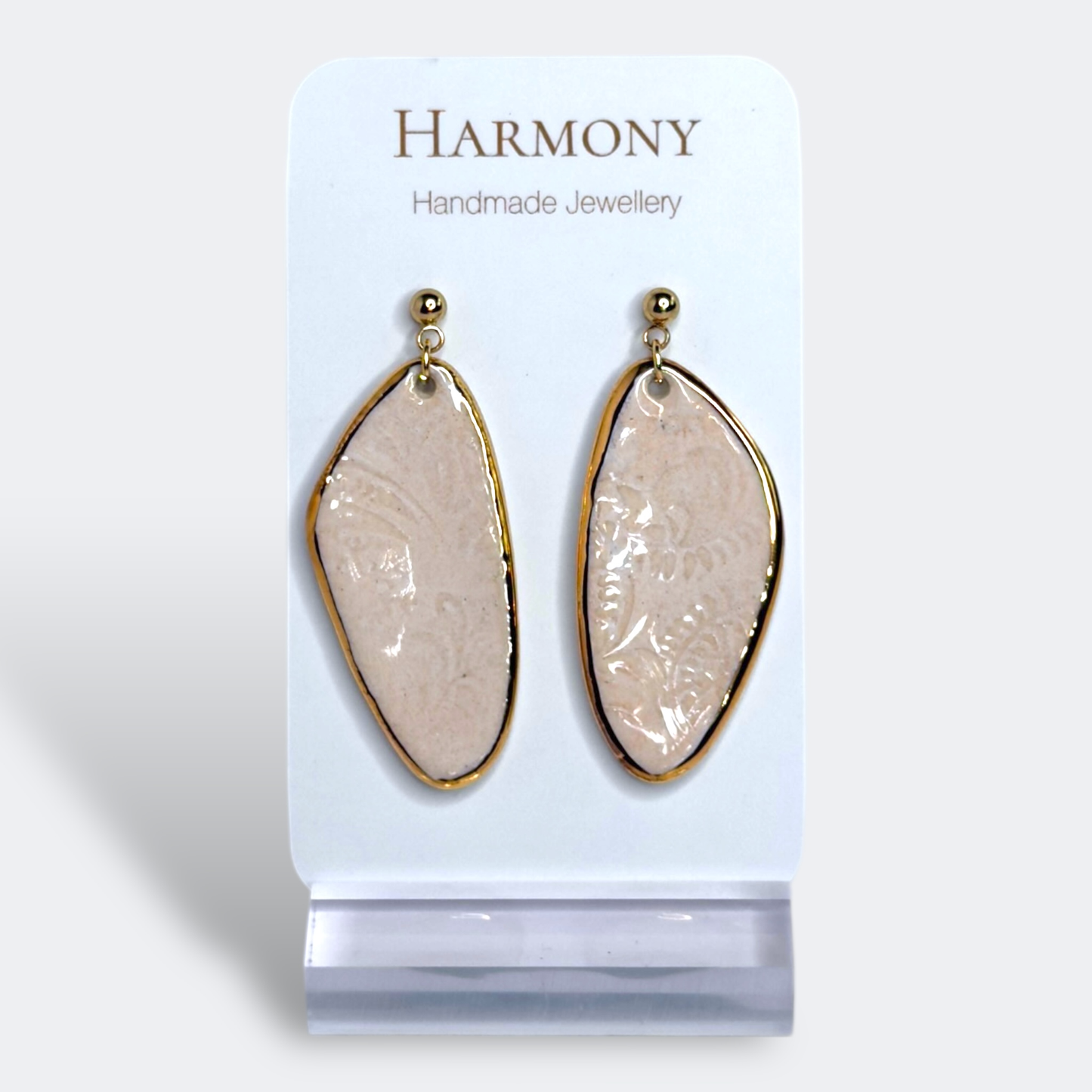 Blush Pink ceramic earrings with gold rim, handmade by Harmony Pottery Melbourne